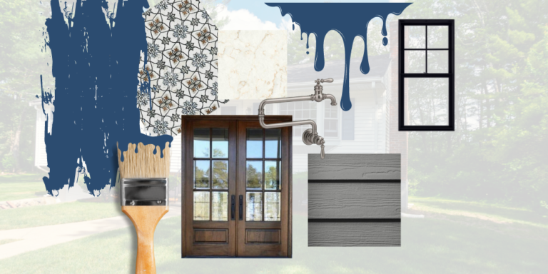 New custom home mood board with warm tones, wood cabinets, James hardie gray slate siding, double front door, black windows, kohler artifacts faucet and pot filler