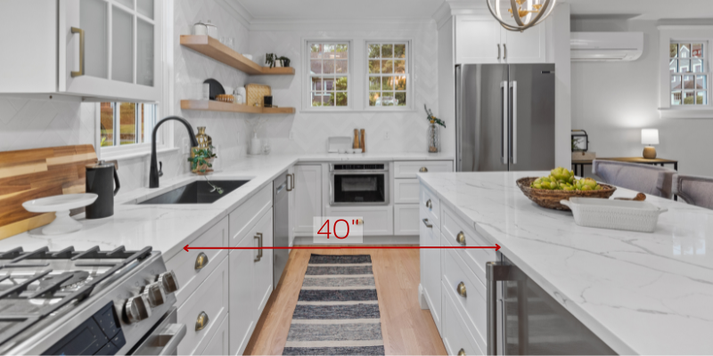 distance between island counters, kitchen design clearances, kitchen spacing measurements