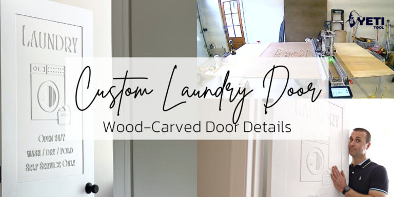 Blog on how we made a custom laundry room door with a wood engraved sign that resembles a vintage laundromat sign. We designed and carved this design using a CNC machine by the company YetiTool. The door is all-white, so it's very neutral and would match any interior style, but the engravings gave it some character and uniqueness.