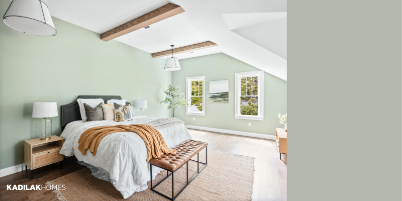 Image shows the paint color "Misted Green" by Benjamin Moore as a very light, subtle green that really brightens the room. It's a soft neutral green that would really go with anything.