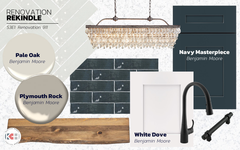 This image is a kitchen design mood board from "Renovation Rekindle," featuring a palette of Benjamin Moore paint colors and various elements for a kitchen redesign. The mood board includes color swatches for Pale Oak, Plymouth Rock, and White Dove, and a deep Navy Masterpiece for cabinetry. There's also an elegant crystal chandelier, a modern black kitchen faucet (Kohler Simplice 1.5 GPM Single Hole Pull Down Kitchen Faucet), matte black cabinet pulls, and a live-edge wooden shelf used for open shelving. The overall aesthetic combines chic, classic, and contemporary elements, suitable for a stylish kitchen renovation.