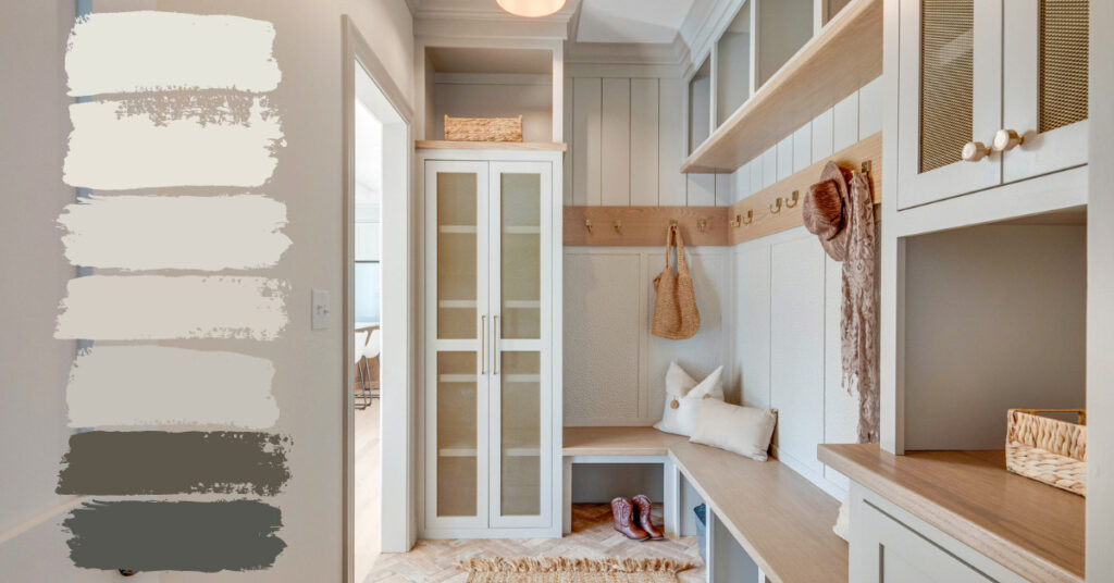 6 Neutral Benjamin Moore paint colors for the whole house from Renovation Rekindle Season 3 Episode 3, Chic Meets Comfort where we build a new construction with warm, cozy, and bright neutrals and lots of natural lighting.