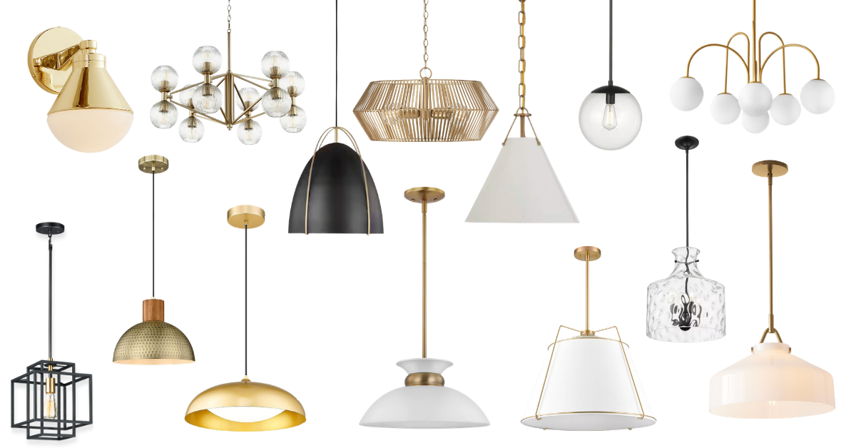Collection of designer light fixtures including the Blair Wall Sconce, Helios Chandelier, Kaiya Geometric Pendant, Norman Pendant, Xavier Mini Pendant, Avell Pendant, Bradrick Globe Chandelier, Taubert Pendant, Elyona Pendant, Kudos LED Pendant, Bertan Fabric Drum Chandelier, Santorini 4-Light Pendant, and Henry Pendant.