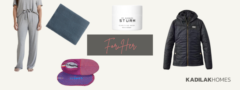 Best holiday gift ideas for her, gifts for her, bombas slipper socks, ll bean puffer jacket with hood, dr Barbara strum clarifying mask, basketweave textured soft throw, cozy earth bamboo pajamas pants