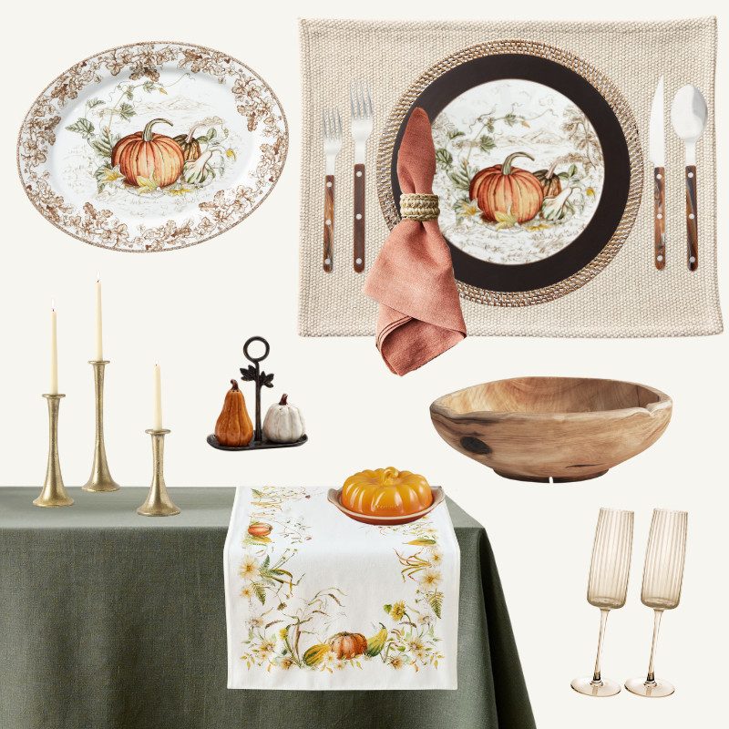 Fall harvest-inspired Thanksgiving tablescape featuring pumpkin dinner plates, rustic wood serving pieces, and vintage-inspired accents. A warm fall table setting with brass candlesticks, natural textures, and cozy autumn tones perfect for traditional Thanksgiving tablescapes.