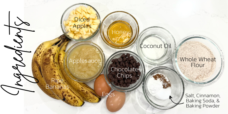 Easy and healthy banana bread recipe with applesauce, diced apples, coconut oil, honey, chocolate chips, and extra ripe bananas.