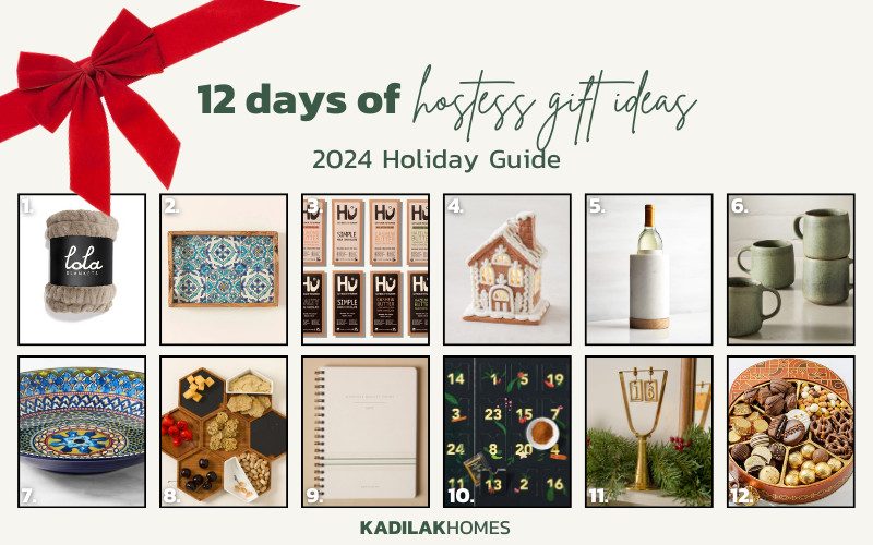 12 Days of Hostess Gift Ideas 2024 Holiday Guide featuring curated luxury gifts: soft Lola Blanket in Desert Dune for cozy comfort, Sky + Sea Tile Tray from Uncommon Goods for stylish serving, Hu Kitchen's Milk + Dark Chocolate Collection for indulgent treats, Magnolia’s charming Gingerbread House Ornament for festive décor, Marble + Wood Wine Cooler by Crate and Barrel to keep wine chilled, Stoneware Mugs by West Elm for warm drinks, William Sonoma’s vibrant Sicily Serving Bowl, unique Honeycomb Tray by Uncommon Goods for entertaining, Spiral Journal by Magnolia for personal notes, Advent Spice Calendar by William Sonoma for holiday flavor, Vintage Deck the Hall music tapestry from Magnolia for nostalgic home accents, and a Simply Chocolate Gift Tin for sweet snacking.