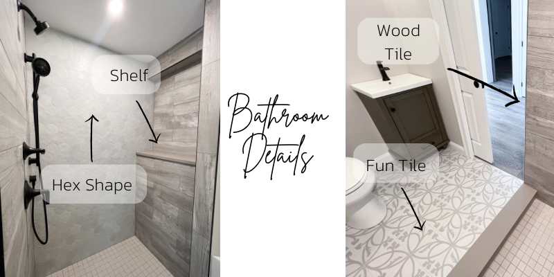 Basement bathroom ideas with wood tile and accent wall and pattern tile floor
