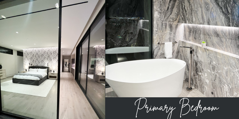 New American Home 2023 primary suite view from the balcony and primary bathroom with soaking tub