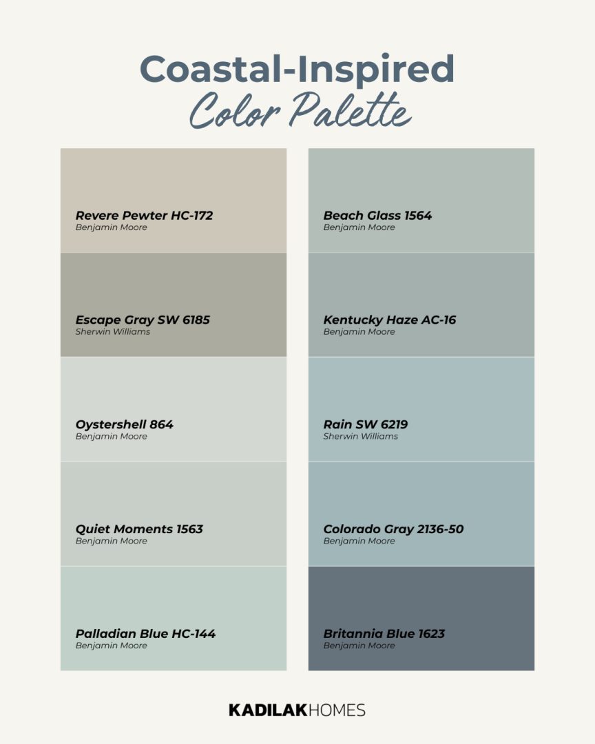 Coastal-inspired color palette featuring blue gray shades, beige colors, calming blue colors, and soft greens perfect for a beachy aesthetic home