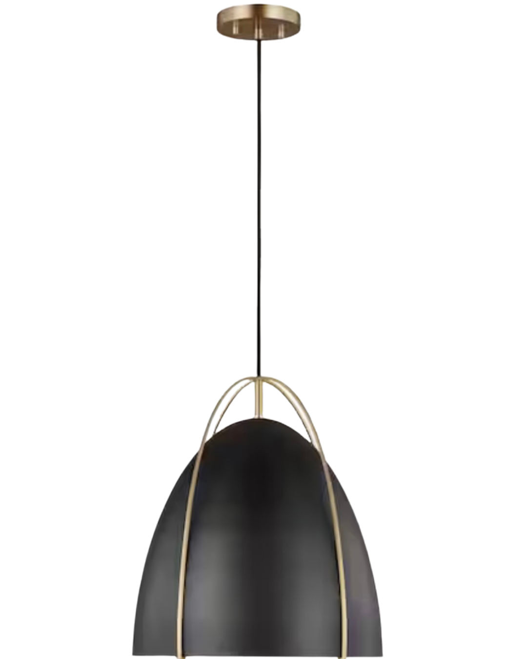 Norman Pendant by Generation Lighting in a black finish with brass accents hanging above a modern kitchen island with white quartz countertops.