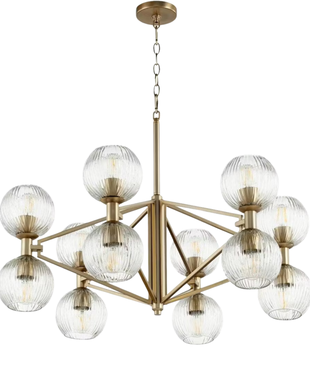 Helios Chandelier with ribbed clear glass globes and a warm brass finish in a modern home office with dark accent walls.