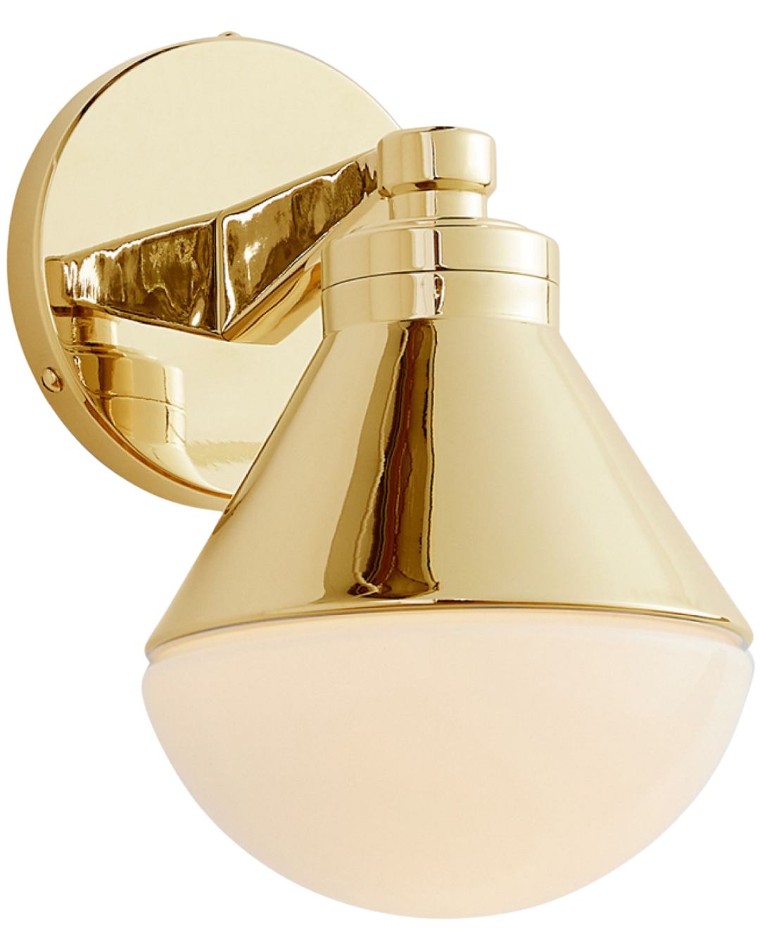 Blair Wall Sconce by Rejuvenation in a satin brass finish with an opal glass shade mounted on either side of a kitchen window.