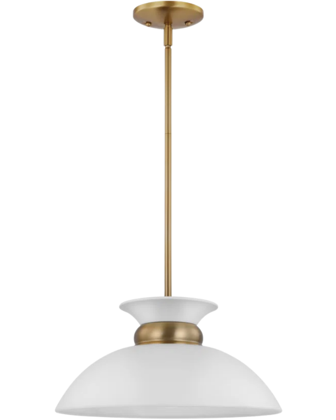 Giles Metal Dome Pendant by Etta Avenue with a white metal shade and warm brass accents hanging above a large kitchen island.