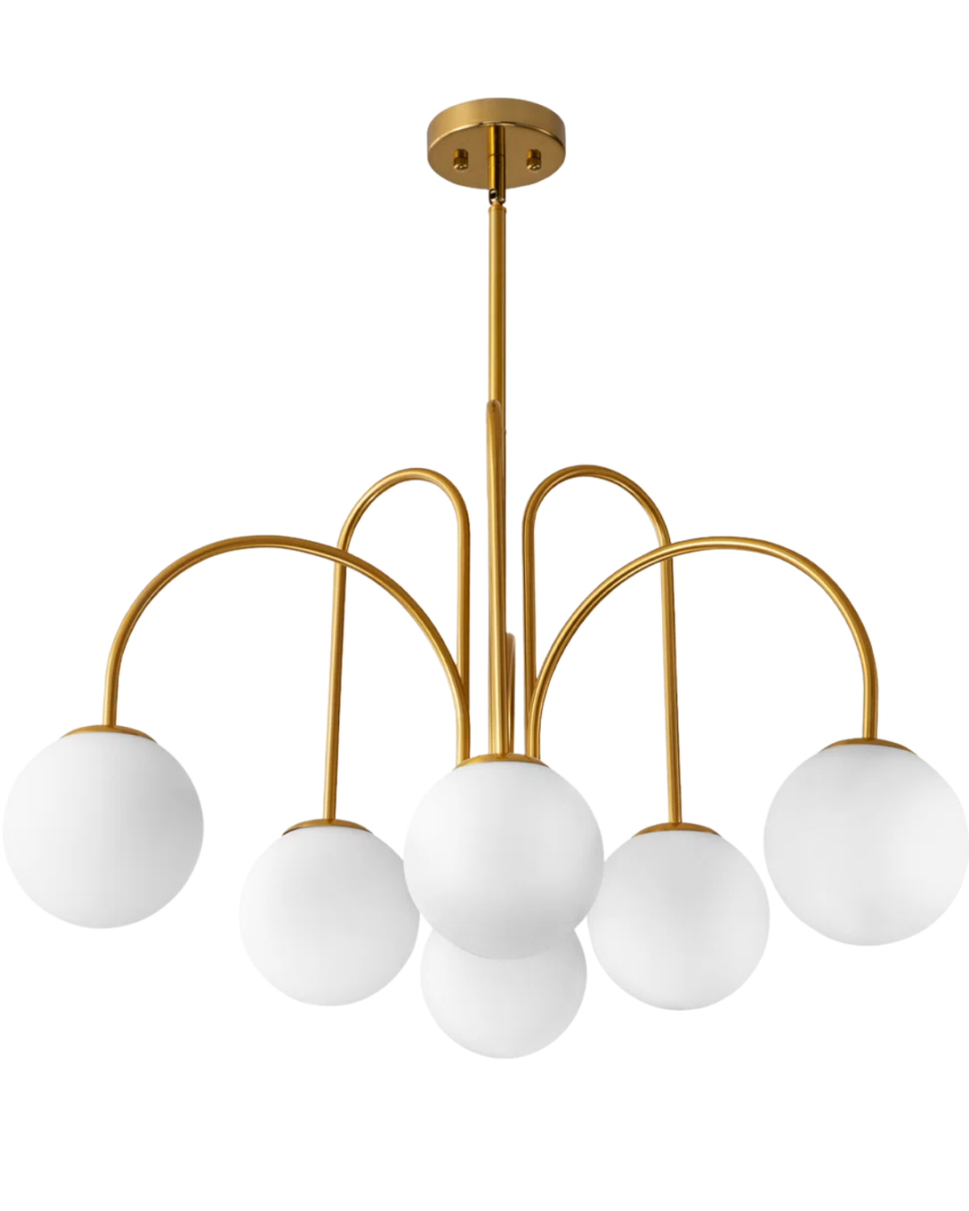 Bradrick Globe Chandelier with a warm brass finish and opal glass globe shades hanging above a modern wood dining table.
