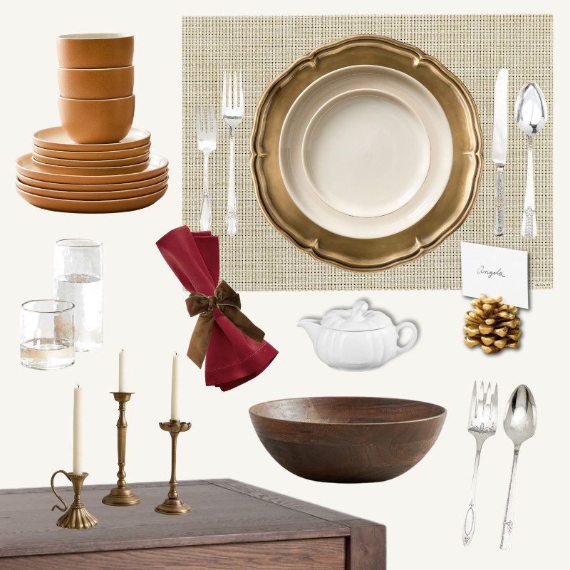 Traditional Thanksgiving tablescape decor featuring ivory and orange dinner plates, a gold charger plate, dark wood tones, deep cranberry red dinner napkins tied with a brown velvet bow, and vintage style accents of ornate gold candlestick holders, and vintage hotel serving utensils. Overall, a dark and cozy table setting with classic dinnerware.