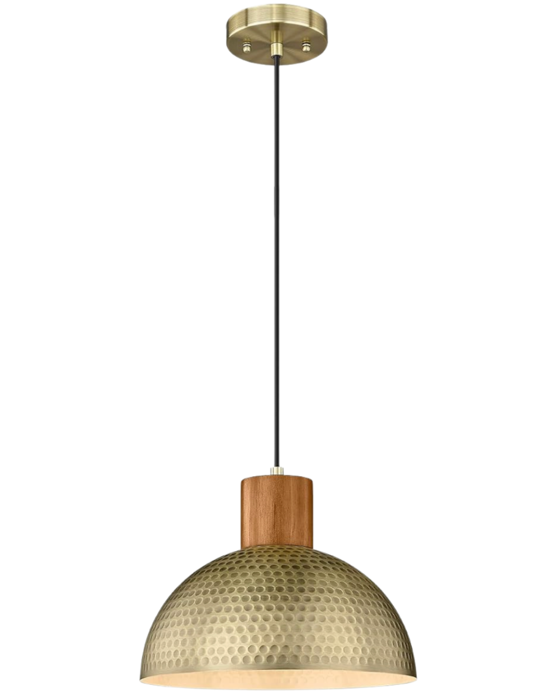 Elyona Pendant from Amazon with a hammered brass dome shade hanging above a modern kitchen island with white quartz countertops.