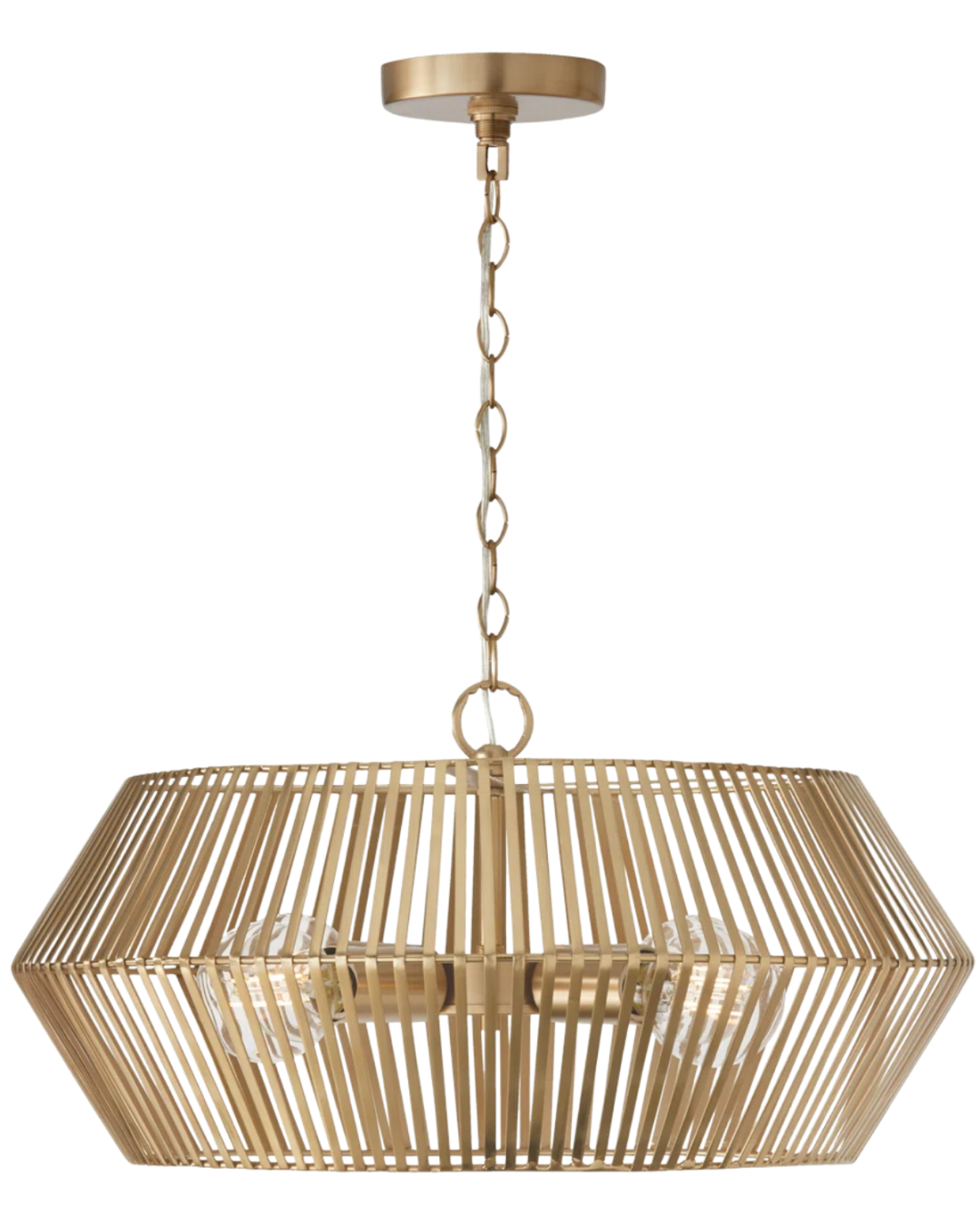 Kaiya Geometric Pendant by Capital Lighting in a warm brass finish mounted in a modern home office with dark built-in bookshelves.
