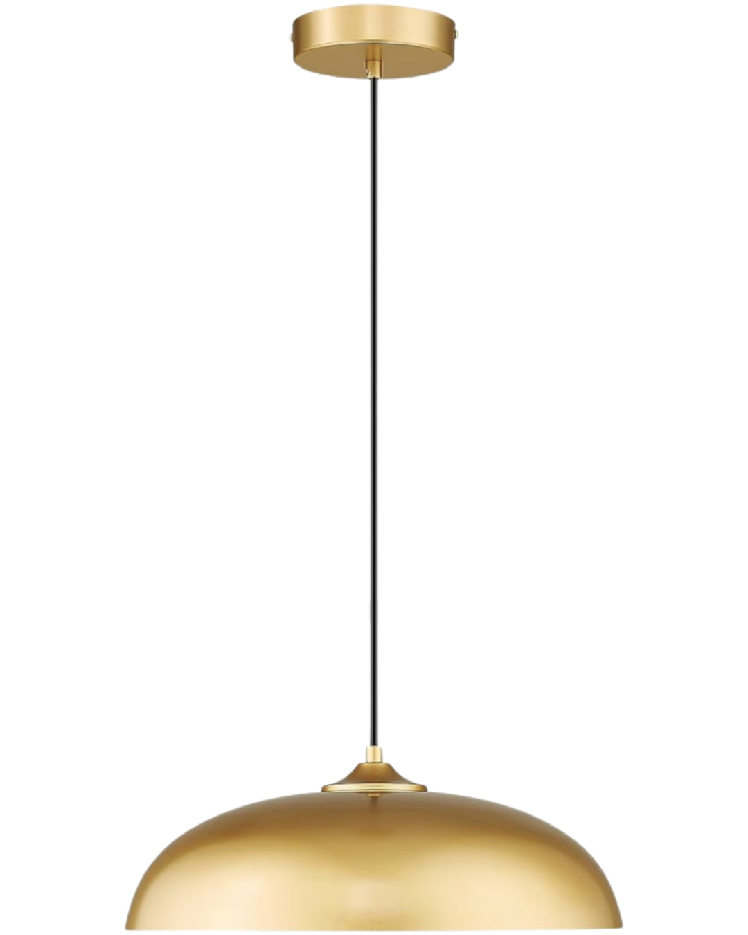 Kudos LED Pendant from Amazon in a brushed brass finish hanging above a modern kitchen island with white quartz countertops.