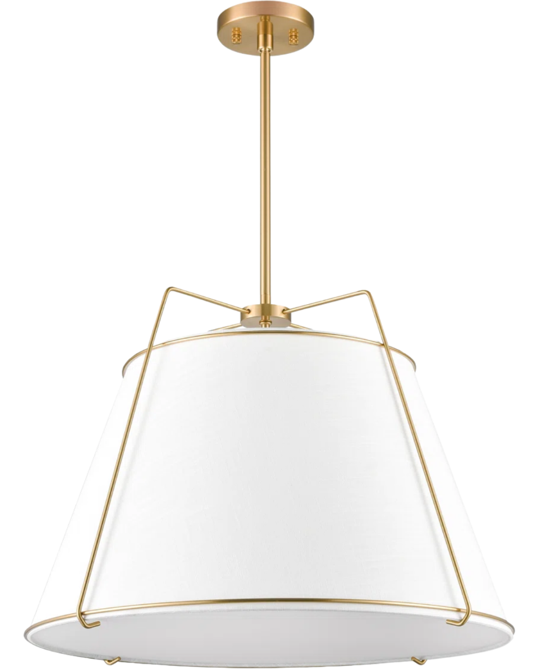 Bertan Fabric Drum Chandelier by Wade Logan with white fabric shades and brass accents hanging above a modern kitchen island.