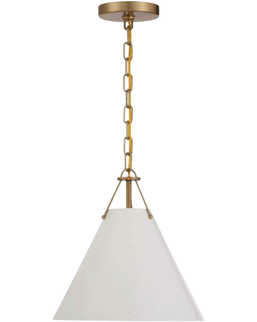 Xavier Mini Pendant by Crystorama with a white metal cone shade and brass accents hanging above a prep sink in a custom kitchen.