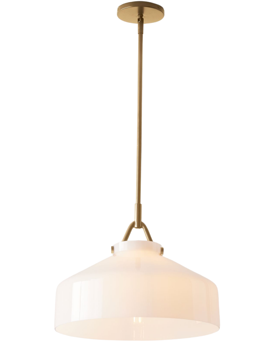 Henry pendant lights by West Elm with white glass shades and antique brass finish hanging above a large wood kitchen island in a modern farmhouse kitchen.