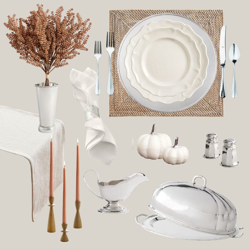 Modern rustic Thanksgiving tablescape featuring ivory dinnerware with scalloped edges from Pottery Barn, a silver charger plate, silver serveware from West Elm, a woven placemat, rust-orange fall florals in a silver vase, pastel orange candlesticks on wooden holders, and mini white pumpkin for decor. It's a very bright, neutral, and elegant Thanksgiving table design with soft autumn hues, layered textures, and timeless dinnerware.