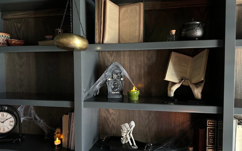 Shelves with eerie decor such as a tombstone for Edgar Allan Poe, a skeleton reading, and hands holding an open book in a dark academia library setting.