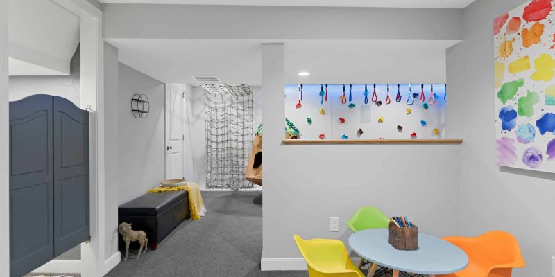 Kids art table, kids rock climbing wall