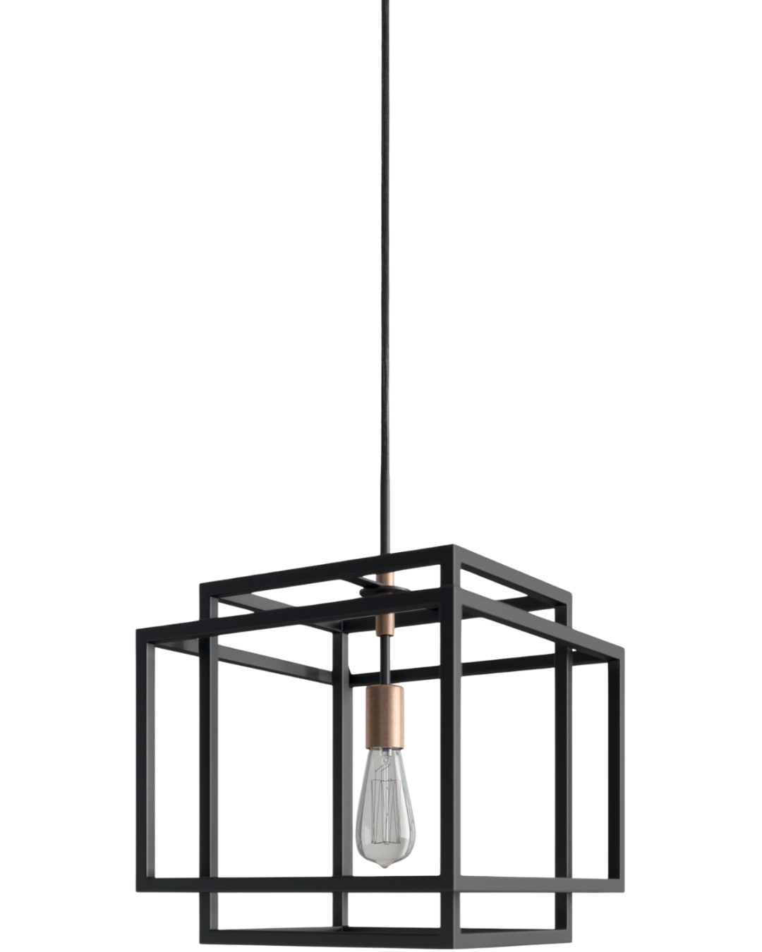 Taubert Pendant by Kichler Lighting with an open black geometric frame hanging above a rustic wood kitchen island in a modern farmhouse kitchen.