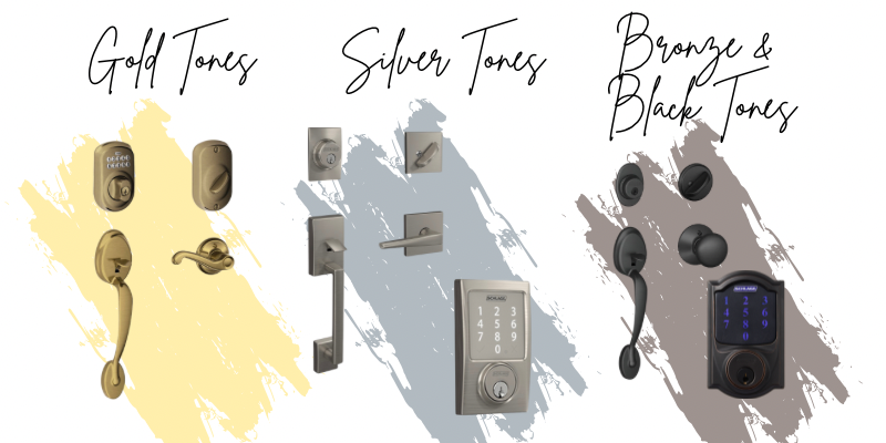 Exterior door hardware finishes and styles, gold tones, silver tones, dark tones