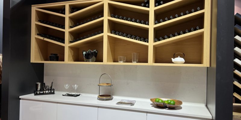 custom chevron wine racks, open angled wine shelving idea