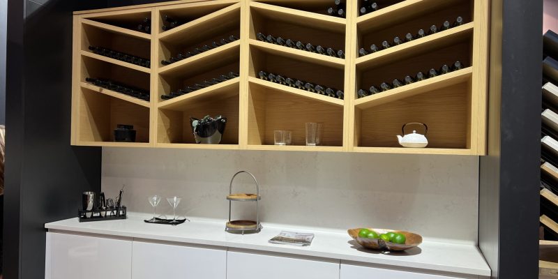 custom chevron wine racks, open angled wine shelving idea