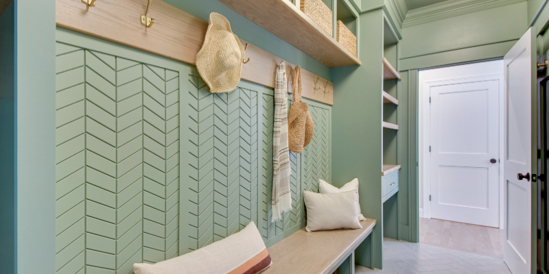 mudroom design ideas, green and wood mudroom, chevron accent wall, mudroom built in ideas, benjamin moore carolina gull, nature inspired design, mudroom with earthy tones