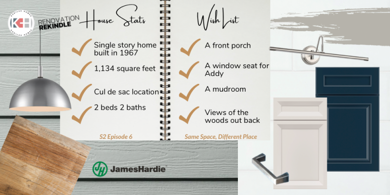 Single story home renovation ideas mood board, Hardie plank siding Light Mist, whole house sherwin williams paint color ideas, front porch ideas