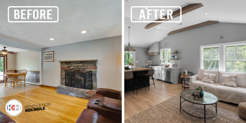 single story home layout ideas with vaulted ceiling and oak beams with kitchen open to living room. Curved range hood with oak trim, island with wood counter top, and double windows. Sconces over windows.