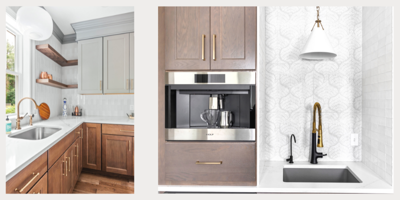 walk in pantry with coffee maker and full size sink, crystorama gigi pendant white and gold, wolf built in coffee maker, wood cabinets with brushed gold hardware