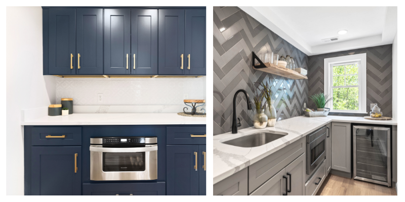 Walk in pantries with built in microwaves, and a drink cooler. The pantry one the left features deep cobalt blue cabinets, and bright white quartz countertops. The pantry on the right features a stunning chevron subway tile backsplash in a charcoal gray color switching off between matte and glossy tiles. The countertops are also a bright white quartz.
