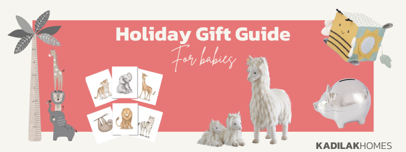 Baby gift guide, holiday gifts for babies, best gifts for babies, what to buy for baby, new baby gift ideas, soft bee activity cube by mon ami, macy's baby gifts, lambs & Ivy watercolor prints, jungle safari growtih chart for nursery, silver keepsake piggybank, heirloom gift for baby, pottery barn jumbo plush llama