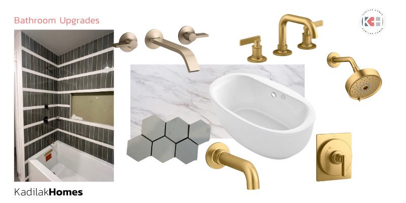 Design mood board for bathroom upgrades by Kadilak Homes. The board includes a wall-mounted bathtub faucet with a sleek, modern design, a gold wall-mounted showerhead, and matching gold sink faucets. The materials showcased include large gray hexagonal tiles, a marble-look countertop, and a white freestanding bathtub. The image also features a photo of a bathroom under construction with green vertical subway tiles and white grout around a bathtub. The branding 'Kadilak Homes' is displayed at the bottom left corner, with a logo at the top right corner
