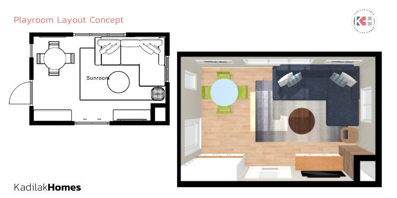 Playroom layout concept by Kadilak Homes. The image shows a floor plan on the left side and a 3D layout on the right. The floor plan outlines the room with labeled furniture placements, including a round table with chairs and a sectional sofa. The 3D layout on the right illustrates the same room with a light wood floor, a green round table with green chairs, a dark blue sectional sofa, a circular brown rug, and a sideboard with a lamp. The branding 'Kadilak Homes' is displayed at the bottom left corner, with a logo at the top right corner