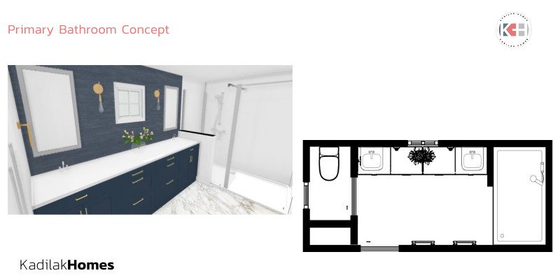 Primary bathroom concept by Kadilak Homes. The image includes a 3D rendering of the bathroom on the left and a floor plan on the right. The 3D rendering shows a double vanity with dark blue cabinets, white countertops, gold fixtures, and a large mirror. There is also a glimpse of a walk-in shower with a glass door. The floor plan on the right outlines the layout, featuring a bathtub, double sinks, and a toilet. The branding 'Kadilak Homes' is displayed at the bottom left corner, with a logo at the top right corner.