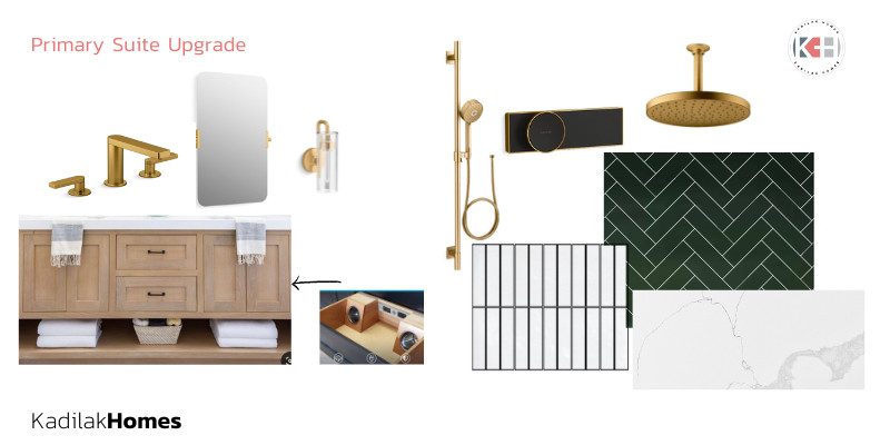 Design mood board for a primary suite upgrade by Kadilak Homes. The board showcases a warm wood double vanity with black handles, complemented by brass fixtures, including a faucet, wall-mounted shower system, and round mirror. The board also features various tiles: a dark green herringbone tile, a white rectangular tile with black grout, and a white marble-look countertop material. The branding 'Kadilak Homes' is displayed at the bottom left corner, with a logo at the top right corner."
