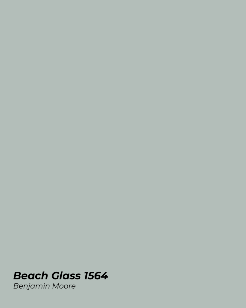 Beach Glass 1564 Benjamin Moore paint swatch showing a light blue grey color ideal for coastal aesthetics and calming blue color interiors