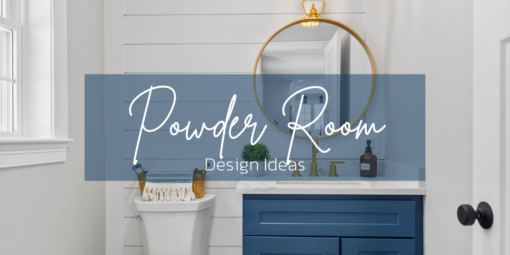 Powder Room Design Ideas Blog showing a very coastal inspired half bathroom with white horizontal shiplap walls, a navy blue vanity, white sink and toilet, and a circular wall mirror with gold trim.
