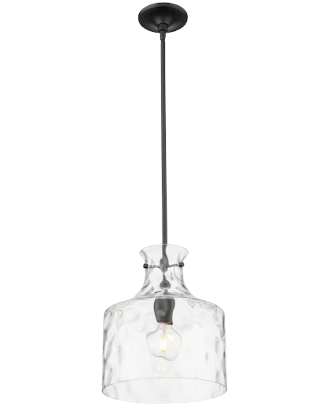 Santorini 1-Light Pendant by Millennium Lighting with clear textured glass shades hanging above a blue kitchen island in a modern white kitchen.