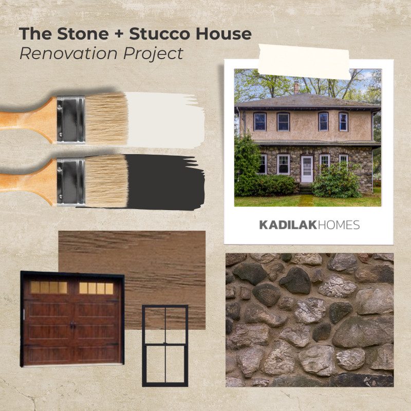 stone and stucco exterior mood board for home built in the 1900's