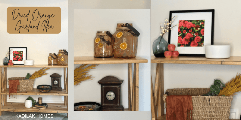 fall decor console table with dried orange slices