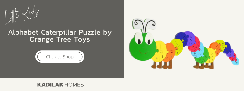 gift ideas for little kids, gift ideas for toddlers, caterpillar alphabet puzzle, kids wooden puzzle, educational gift ideas, by orange tree toys