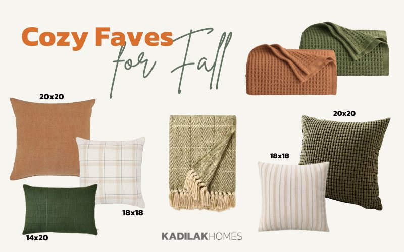 A fall-themed collage titled "Fall Cozy Faves" from Kadilak Homes, showcasing cozy pillows and throws in warm earth tones and soft textures. The image features pillows in various sizes: a 20x20 burnt orange pillow, an 18x18 neutral plaid pillow, a 14x20 olive green pillow, an 18x18 cream pillow with tan stripes, and a 20x20 olive green textured pillow. Two soft, waffle-knit throws—one in olive green and another in burnt orange—are also included, alongside a herringbone-patterned throw in a light sage green with tassels